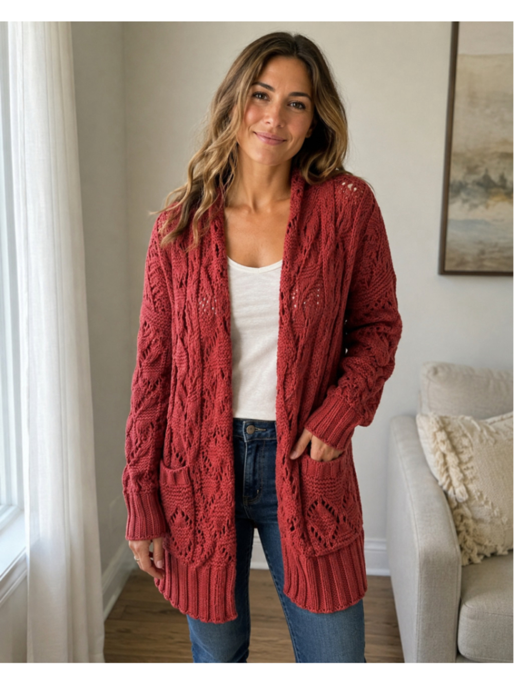 Women’s Rust Red Open Knit Cable Cardigan Sweater with Pockets